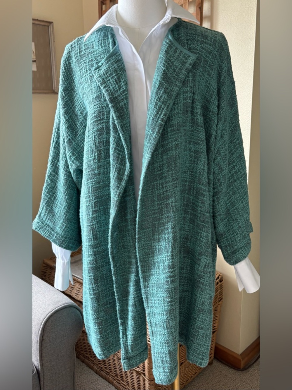 Masai Classic Open-Front Textured Cotton Boucle Knit Teal Oversized Jacket - XL